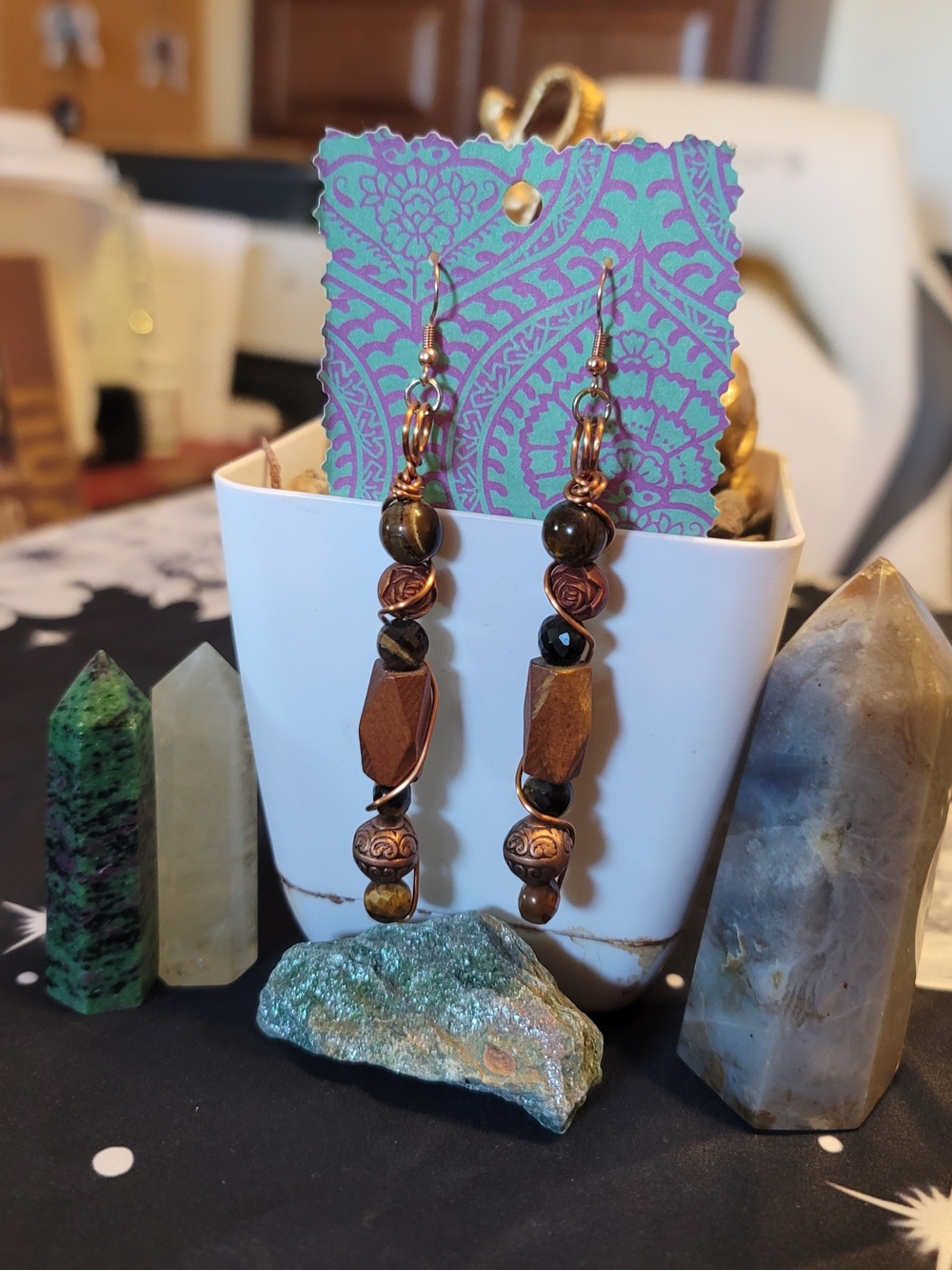 🔥3 For $20 Handcrafted Brown Tigers Eye & Wood Copper Wrapped Dangle Earrings
